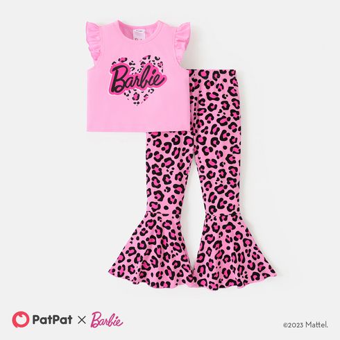 Barbie Toddler/Kid Girl 2pcs Letter Print Flutter-sleeve Cotton Top and Leopard Flared Pants Set