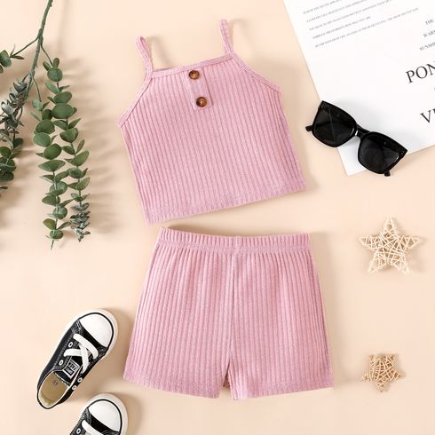 2pcs Toddler Girl Solid Ribbed Camisole and Shorts Set Pink big image 1