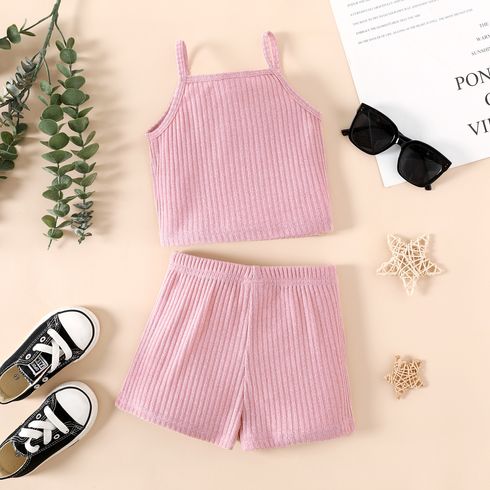 2pcs Toddler Girl Solid Ribbed Camisole and Shorts Set Pink big image 3