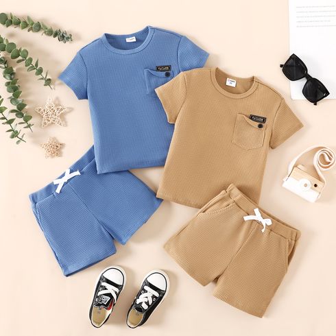 2pcs Toddler Boy Waffle Pocket Short-sleeve Top and Solid Shorts Set