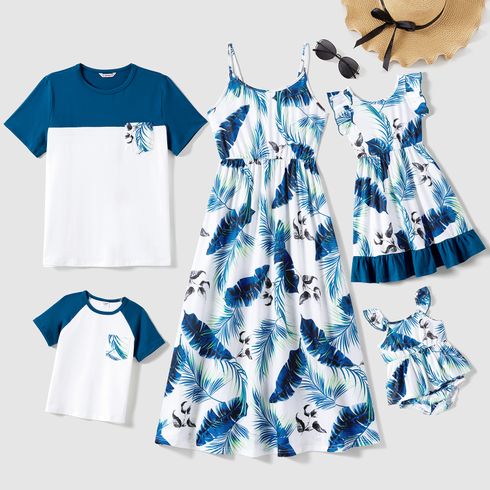 Family Matching Cotton Colorblock Short-sleeve T-shirts and Allover Plant Print Cami Dresses Sets