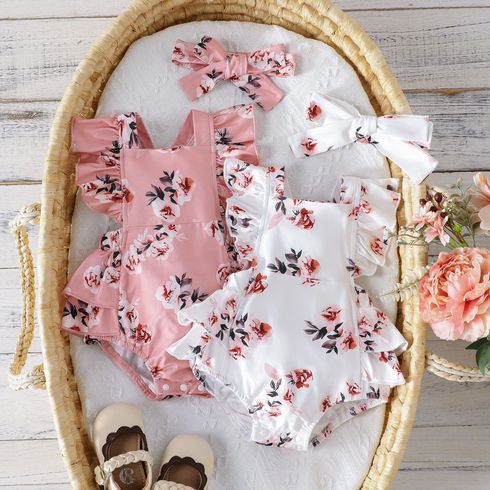 2pcs Baby Girl Allover Floral Print Ruffled Romper & Bow Headband Set