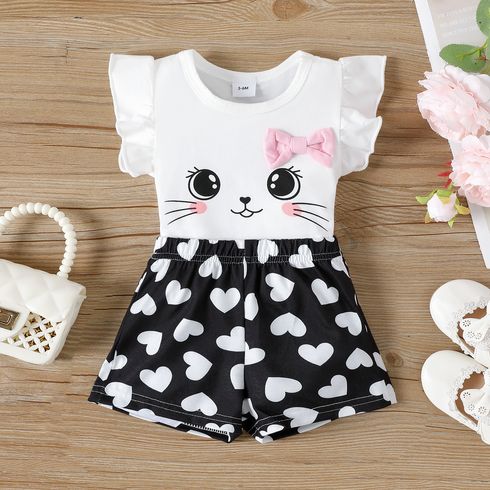 2pcs Baby Girl Cat Print Flutter-sleeve Tee and Heart Print Shorts Set