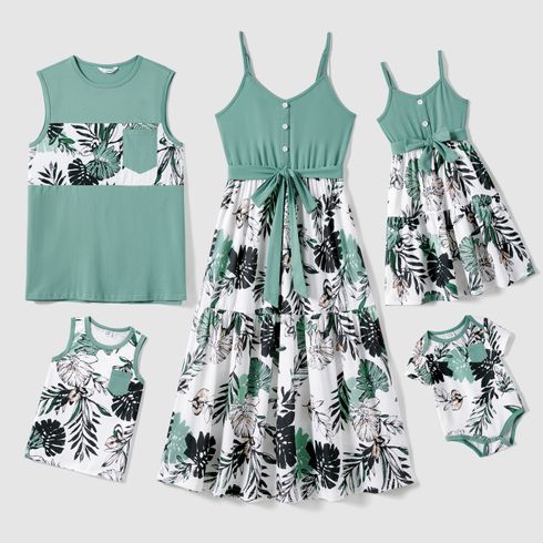 Family Matching Plant Print Belted Slip Dresses and Tank Top Sets