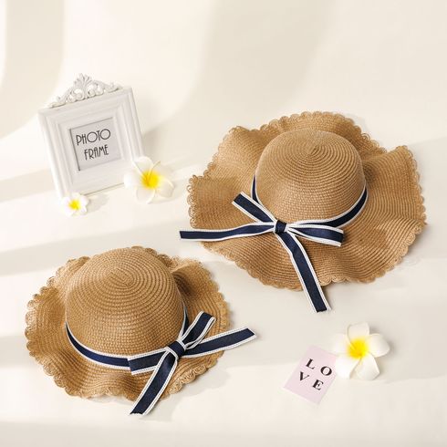 Women/Kid Bow Strap Decor Solid Straw Hat