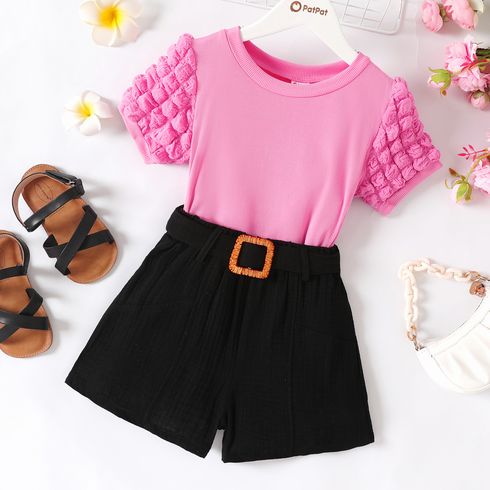 Kid Girl Textured Puff Sleeve Top / Solid Belted Shorts