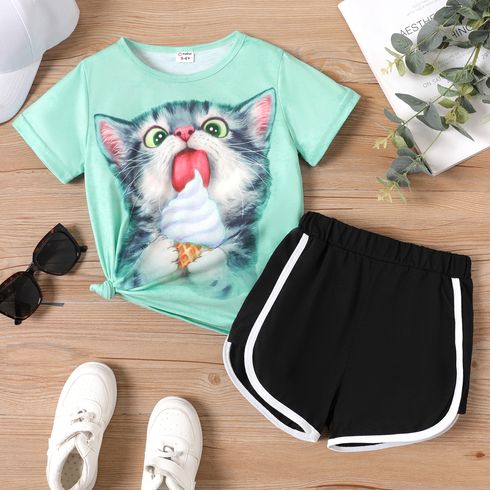 Kid Girl Cute Cat Print Short-sleeve Top / Elasticized Dolphin Shorts