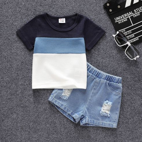 2pcs Baby Boy Color Block Waffle Top and 100% Cotton Ripped Denim Shorts Set