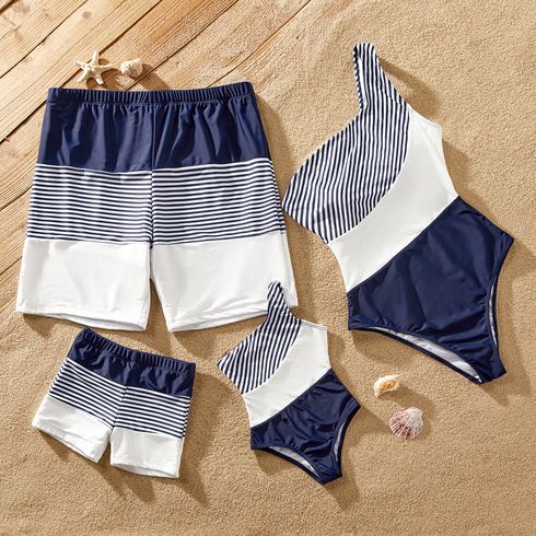 Family Matching Pinstriped Colorblock One Shoulder One-piece Swimsuit or Swim Trunks Shorts