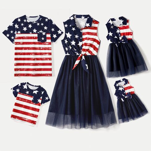 Independence Day Family Matching Stars & Striped Print Spliced Mesh Tank Dresses and Short-sleeve T-shirts Sets