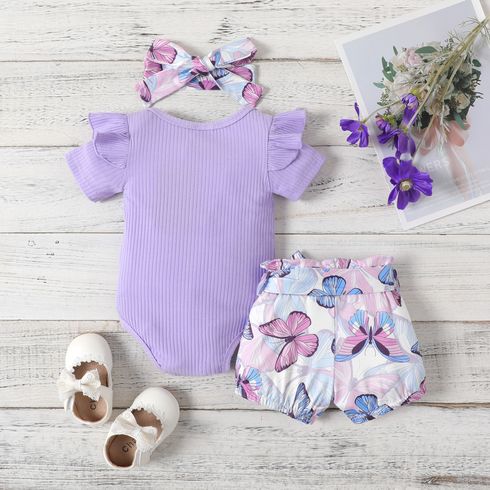 3pcs Baby Girl Ribbed Romper & Belted Shorts & Headband Set Purple big image 2