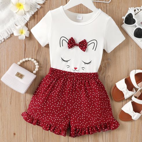 2pcs Kid Girl Cat Print Short-sleeve Tee and Polka Dots Shorts Set