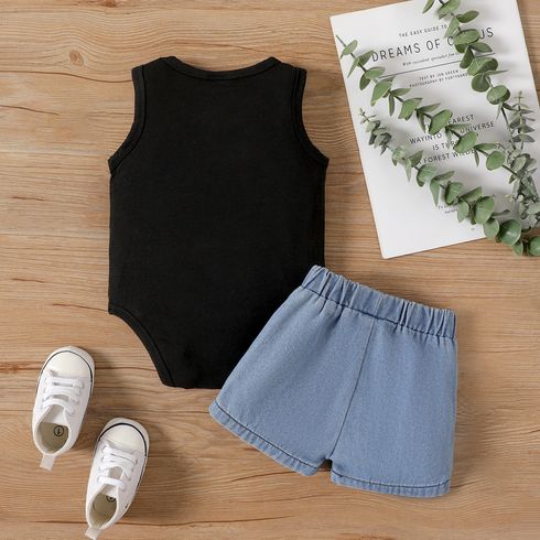 Father's Day 2pcs Baby Boy 100% Cotton Ripped Denim Shorts and Graphic Tank Romper Set Black big image 2
