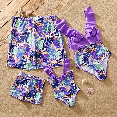 Family Matching Plant Print Ruffled One-piece Swimsuit or Swim Trunks Shorts