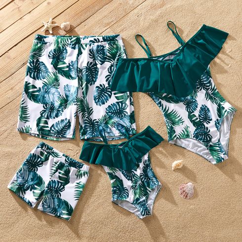 Family Matching Plant Print Ruffled One Piece Swimsuit or Swim Trunks Shorts