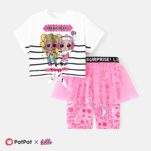 L.O.L. SURPRISE! Kid Girl 2pcs Naia™ Character & Stripe Print Top and Mesh Overlay Leggings Shorts Set