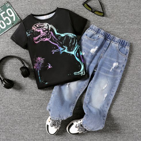 Kid Boy Animal Dinosaur Print Short-sleeve Tee / Cotton Ripped Denim Elasticized Jeans