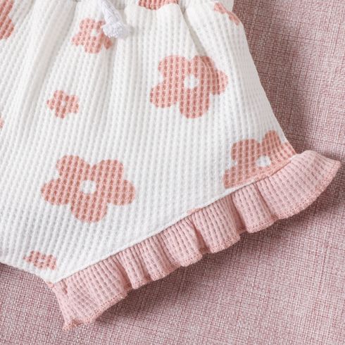 3pcs Baby Girl 3-piece Floral Print Textured Cami Romper and Ruffled Shorts & Headband Set Pink big image 7