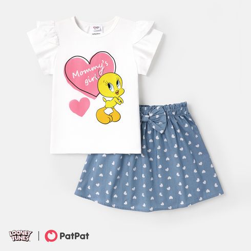 Looney Tunes Kid Girl 2pcs Character Print Flutter-sleeve Cotton Tee and Heart Print Bow Front Skirt Set