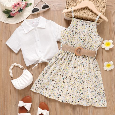 2pcs Kid Girl Solid Knot Hem Short-sleeve Shirt and Floral Print Belted Slip Dress Set