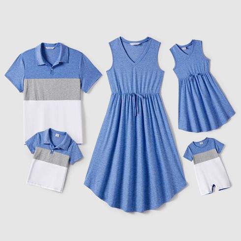 Family Matching Curved Hem Solid Tank Dresses and Colorblock Short-sleeve Polo Shirts Sets