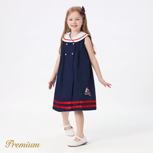 Kid Girl 100% Cotton Double Breasted Contrast Collar Tank Dress