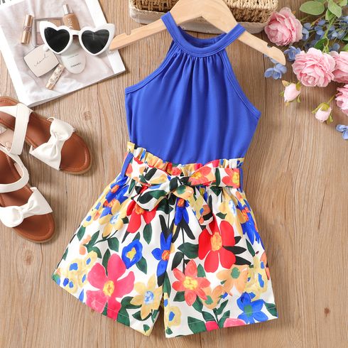 2pcs Kid Girl Solid Halter Tank Top and Floral Print Belted Shorts Set