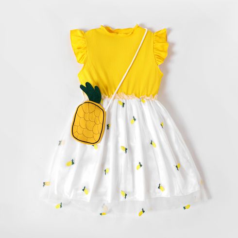 2pcs Kid Girl Pineapple/Strawberry Print Combo Mesh Dress with Sling Bag