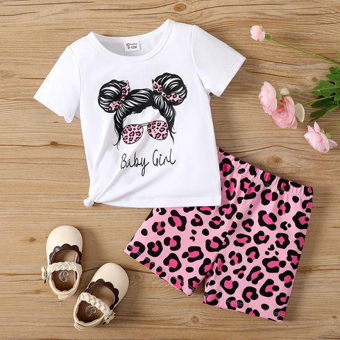 2pcs Baby Girl Figure Print Short-sleeve Top and Leopard Shorts Set