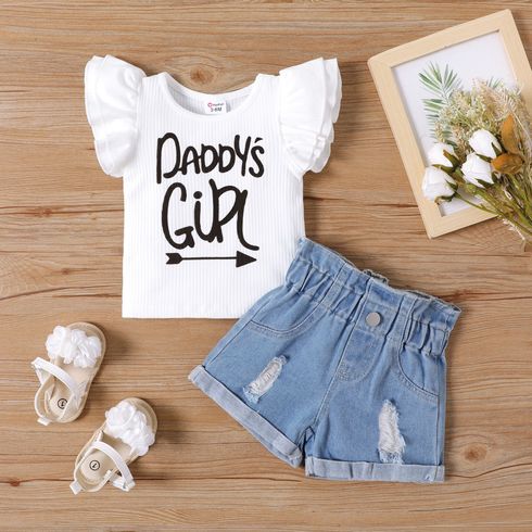 Father's Day 2pcs Baby Girl Letter Print Flutter-sleeve Top and Ripped Denim Shorts Set