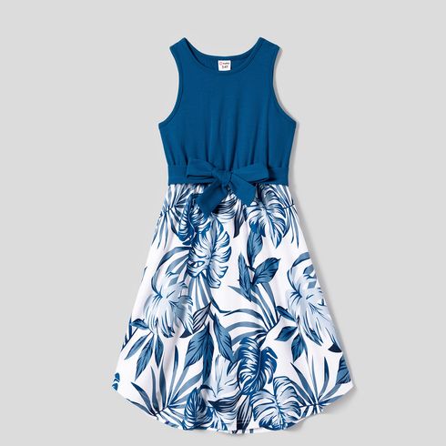 Family Matching Plant Print Splice Belted Tank Dresses and Color Block Short-sleeve T-shirts Sets Blue big image 9