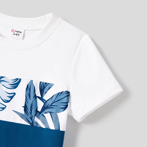Family Matching Plant Print Splice Belted Tank Dresses and Color Block Short-sleeve T-shirts Sets Blue big image 8