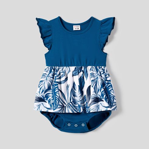 Family Matching Plant Print Splice Belted Tank Dresses and Color Block Short-sleeve T-shirts Sets Blue big image 2