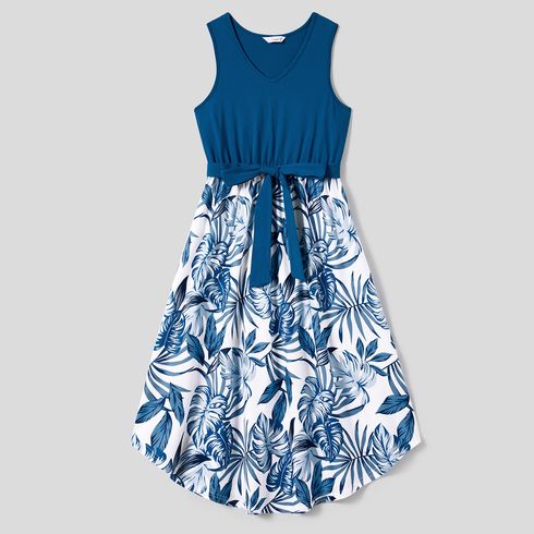 Family Matching Plant Print Splice Belted Tank Dresses and Color Block Short-sleeve T-shirts Sets Blue big image 13