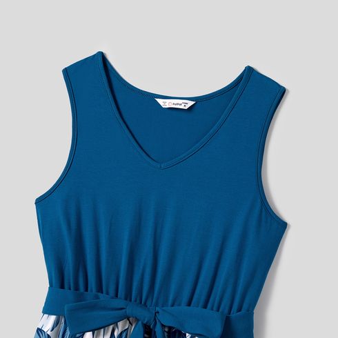 Family Matching Plant Print Splice Belted Tank Dresses and Color Block Short-sleeve T-shirts Sets Blue big image 14