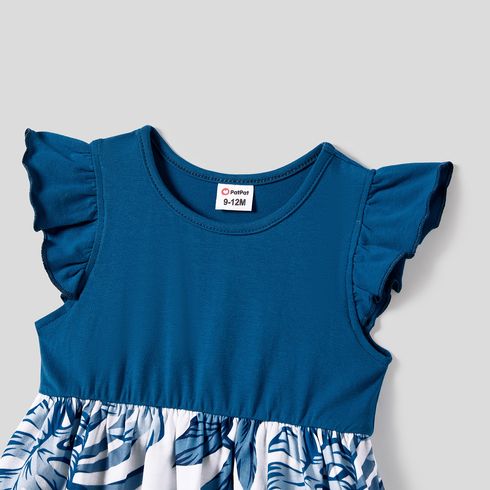 Family Matching Plant Print Splice Belted Tank Dresses and Color Block Short-sleeve T-shirts Sets Blue big image 4