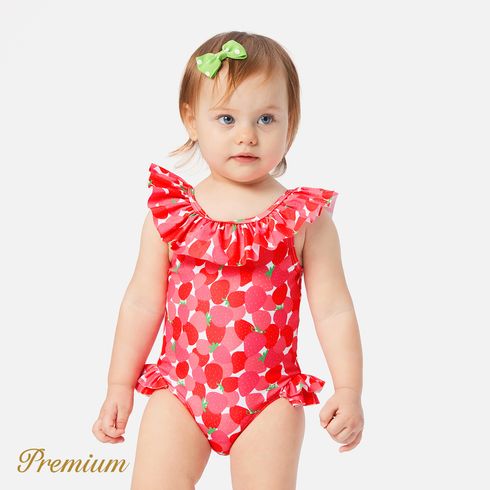 Baby Girl Allover Red Strawberry Print Ruffled One-piece Swimsuit