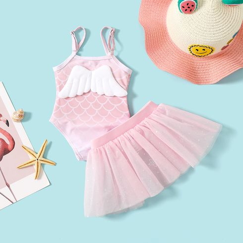 2pcs Baby Girl Wing Decor Mermaid Pattern One Piece Swimsuit and Skirt