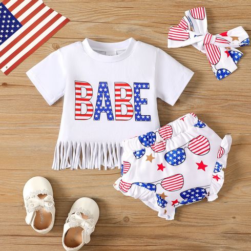 Independence Day 3pcs Baby Girl Letters Print Tassel Hem Short-sleeve Tee and Frill Trim Shorts and Headband Set