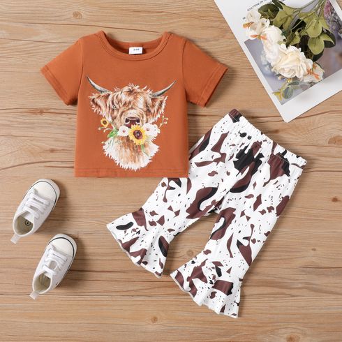 2pcs Baby Girl 95% Cotton Animal Print Short-sleeve Tee and Leopard Flared Pants Set