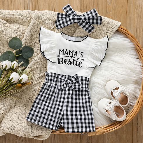 3pcs Baby Girl Letters Print Flutter-sleeve Top and Front Bow Decor Plaid Shorts and Headband Set