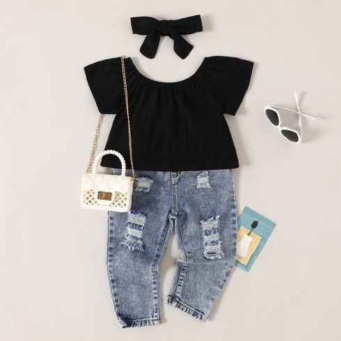 3pcs Toddler Girl Black Bow Headband & Short-sleeve Top & Ripped Jeans Set