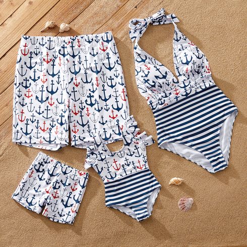 Family Matching Anchor Print Striped One-piece Halter Swimsuit or Swim Trunks Shorts