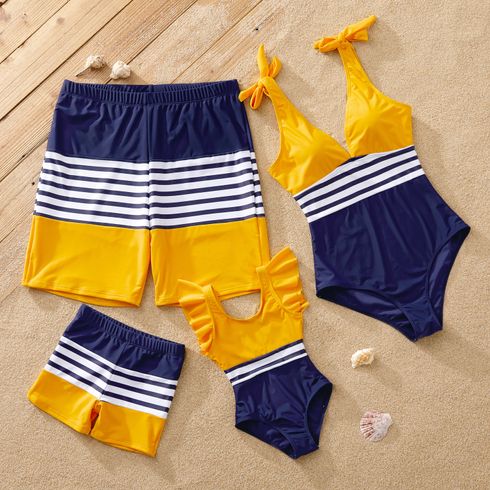 Family Matching Stripe & Colorblock Spliced One Piece Swimsuit or Swim Trunks Shorts