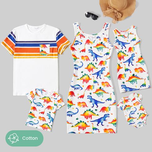 Family Matching Allover Dinosaur Print Cotton Tank Dresses and Striped Short-sleeve T-shirts Sets