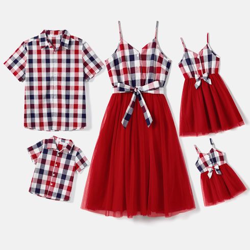 Family Matching Plaid Splice Belted Mesh Slip Dresses and 100% Cotton Short-sleeve Plaid Shirts Sets