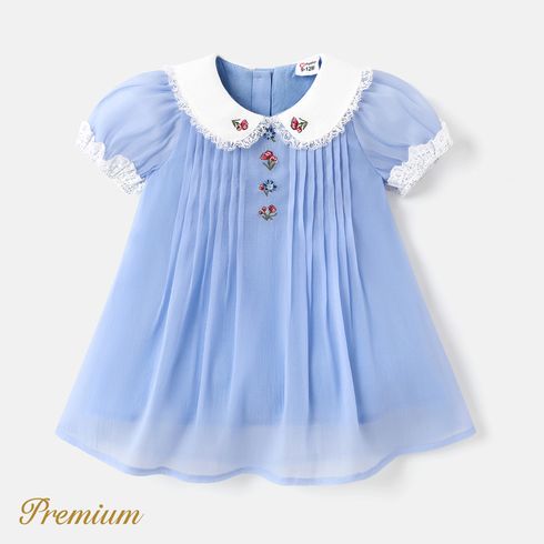 Baby Girl Floral Embroidered Peter Pan Collar Puff-sleeve Mesh Dress