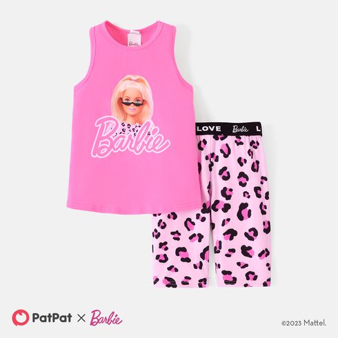 Barbie Kid Girl 2pcs Character Print Cotton Tank Top and Leopard Shorts Set