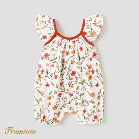 Baby Girl 100% Cotton Floral Print Flutter-sleeve Jumpsuit