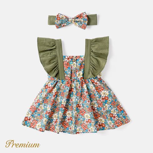 2pcs Baby Girl Contrast Ruffle Trim Floral Print Dress & Headband Set